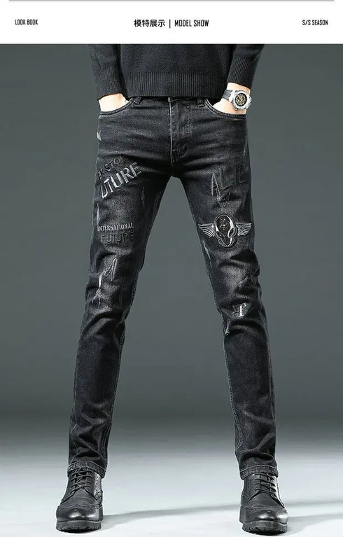 Slim Fit Korean Streetwear Graphical Printed Luxury Hip-Hop Stretch Denim Jeans for Men - Perfect Medium Wash Jeans Outfit